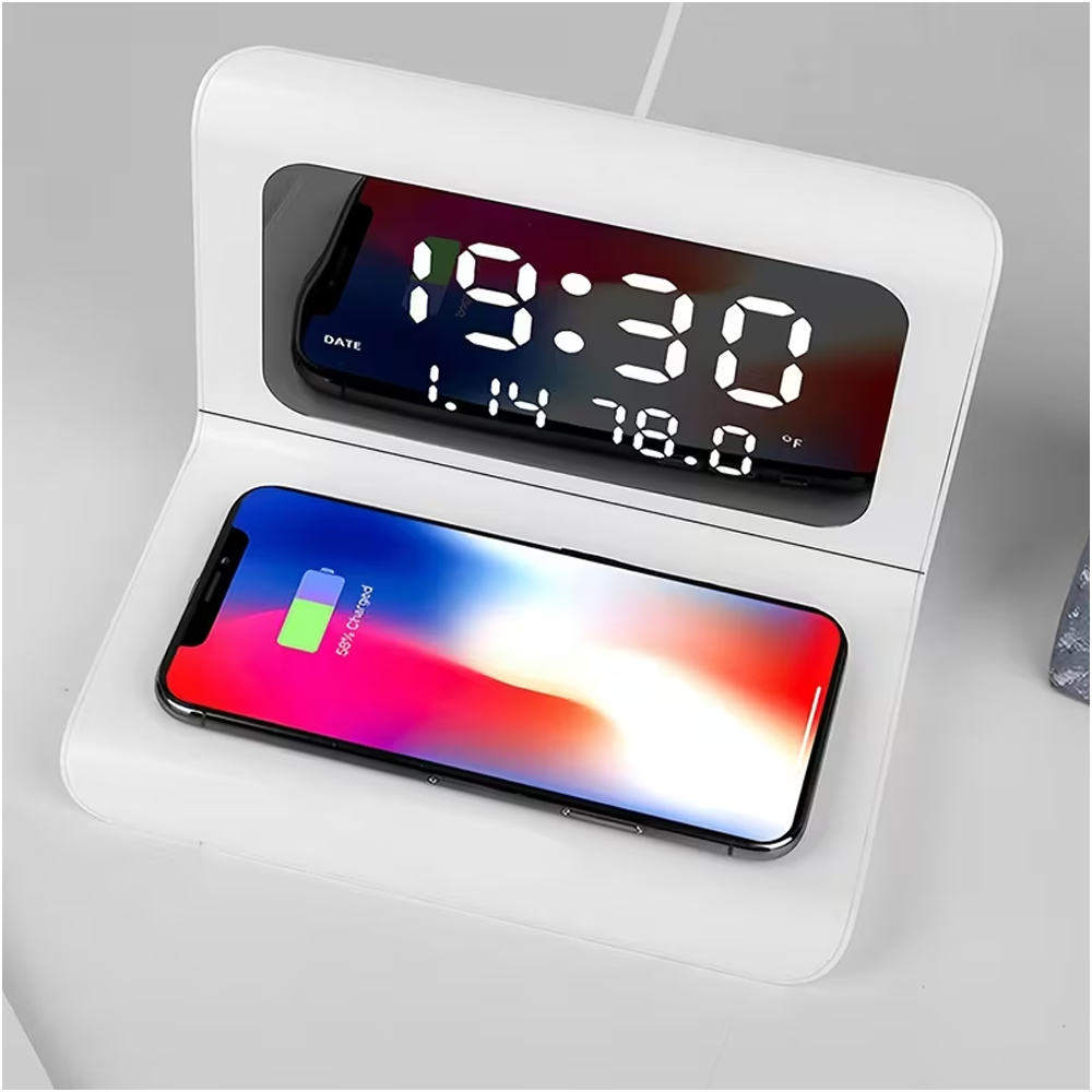 Home Security Wireless - Kabelloses Ladegerät mit Wecker und Thermometer