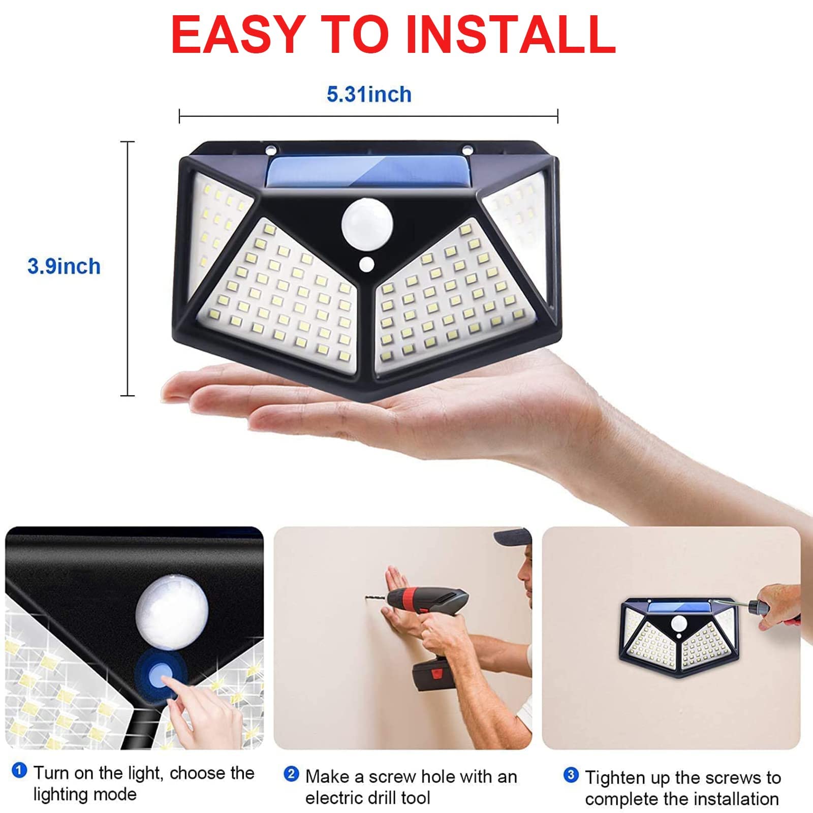 Home Security Yard Sensors - Solarbetriebene 100 LED Bewegungssensor-Wandleuchte, Wasserdichte Außensicherheitslampe