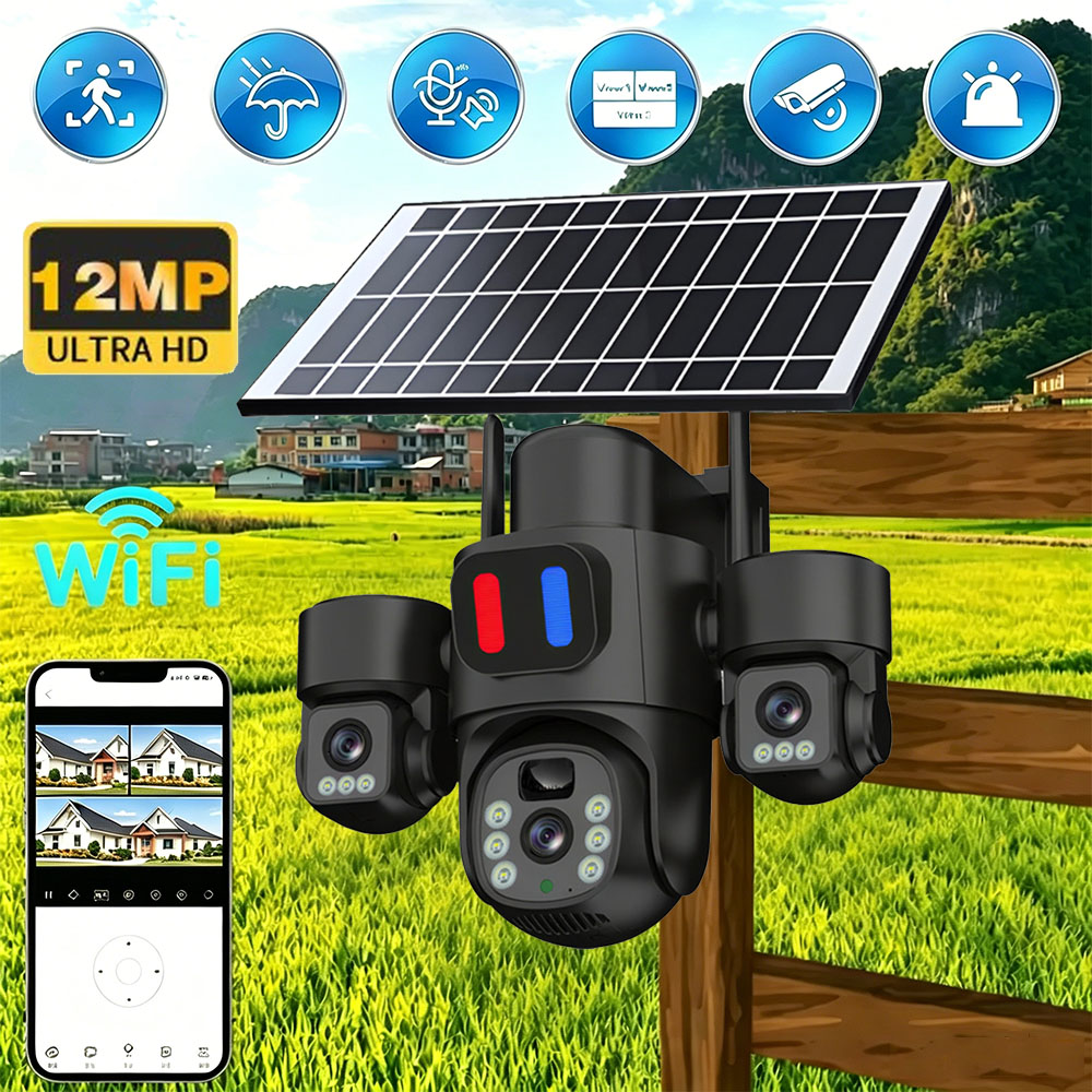 Home Security Monitoring System - Solar-WLAN-PTZ-Kamera für Außenbereich mit Dreifach-Objektiv, Drei